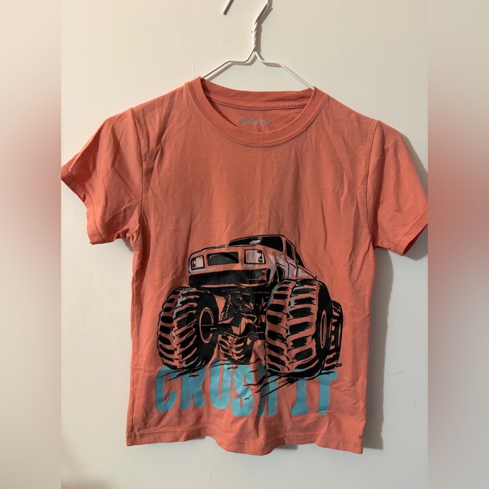 Boys size 7 Crush It Monster Truck Kids Shirt - Orange Tote2